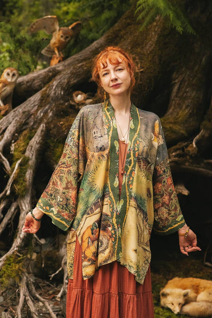 Woodland Wisdom Matinée Duster Kimono w/ Florals, Fox & Owl - Suttles & Seawinds