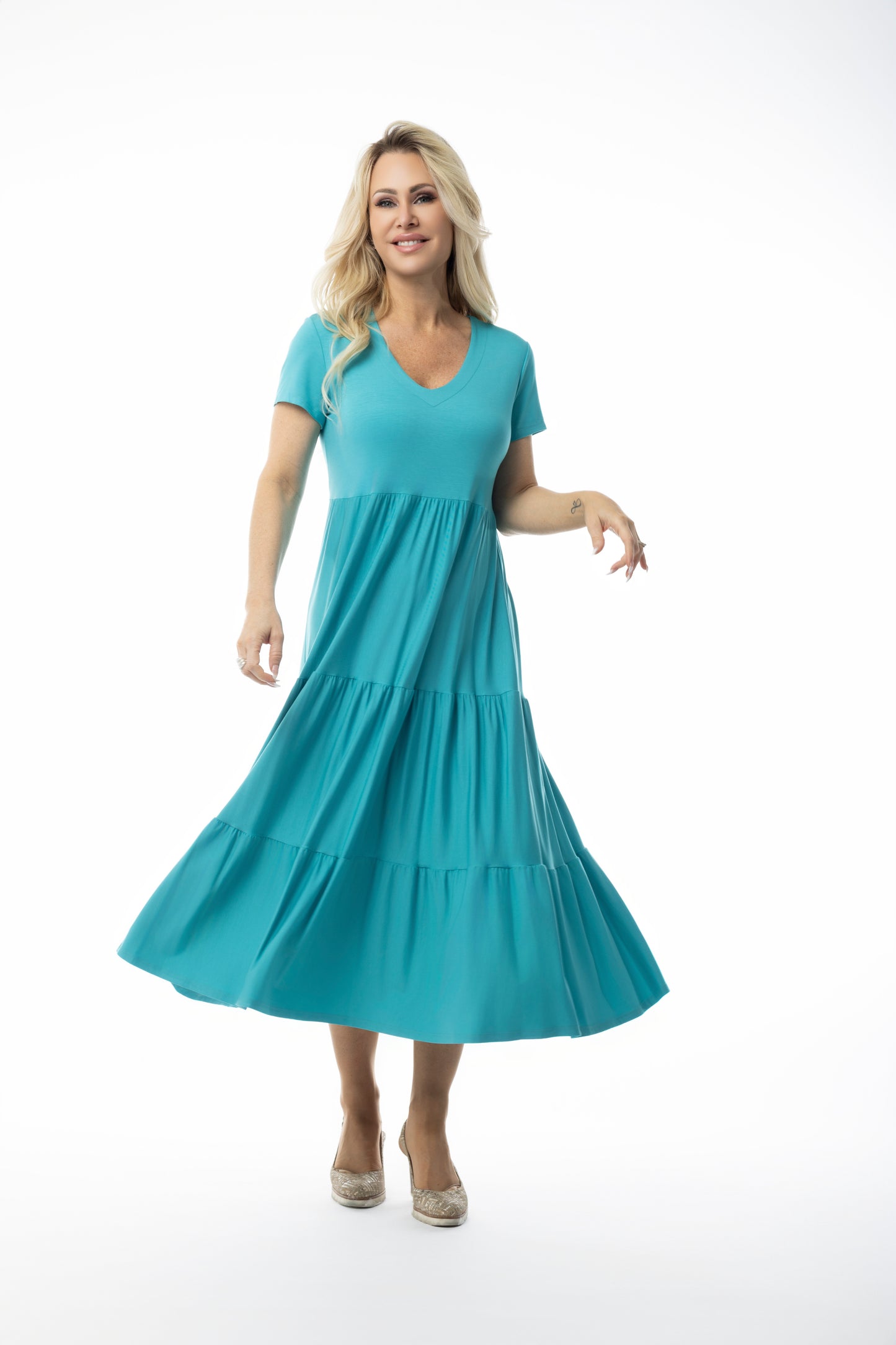 Long V-Neck Dress Tiered