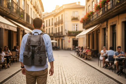 Gray backpack with brown straps on a white background