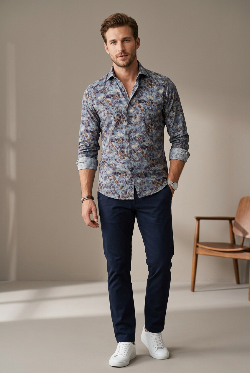 Long Sleeve Shirt Blue/Brown Print