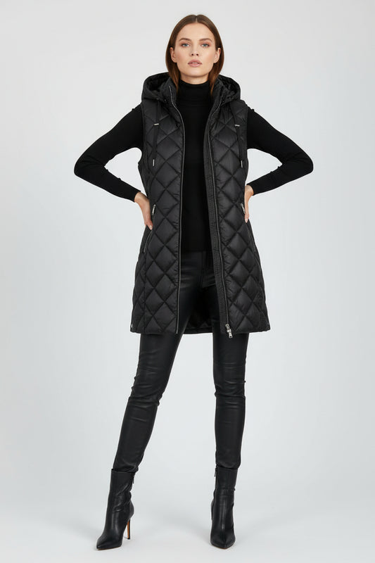 A sleeveless quilted puffer vest in a deep red or burgundy color, featuring a hood, a full-length front zipper, and two zippered hand pockets, shown against a plain white background.