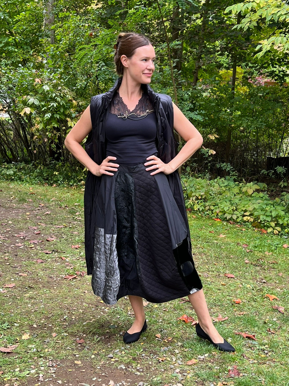 Cari in black for an event: Marie la Lune quilted long vest, Minus Vanessa top, Alembika mix skirt and Pursuits Cadence necklace
