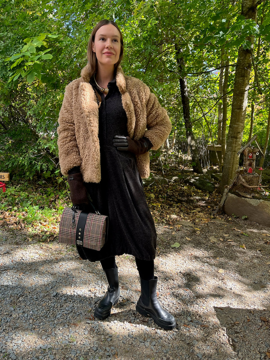 Teddy Coat and Plaid Bag