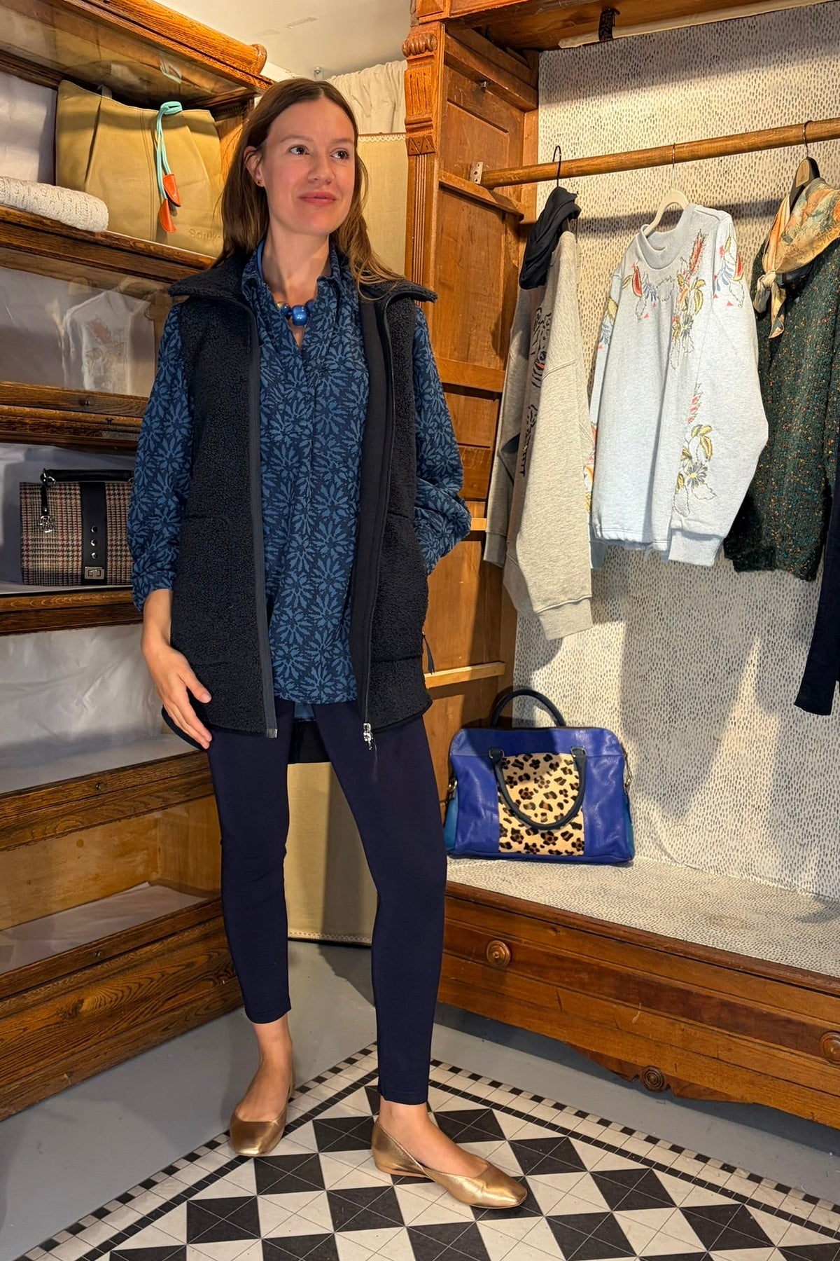 Cari wearing the Ilse Jacobsen Long Fleece Vest over the White Stuff Sage Longline Cord Tunic with a blue Bliss bead necklace