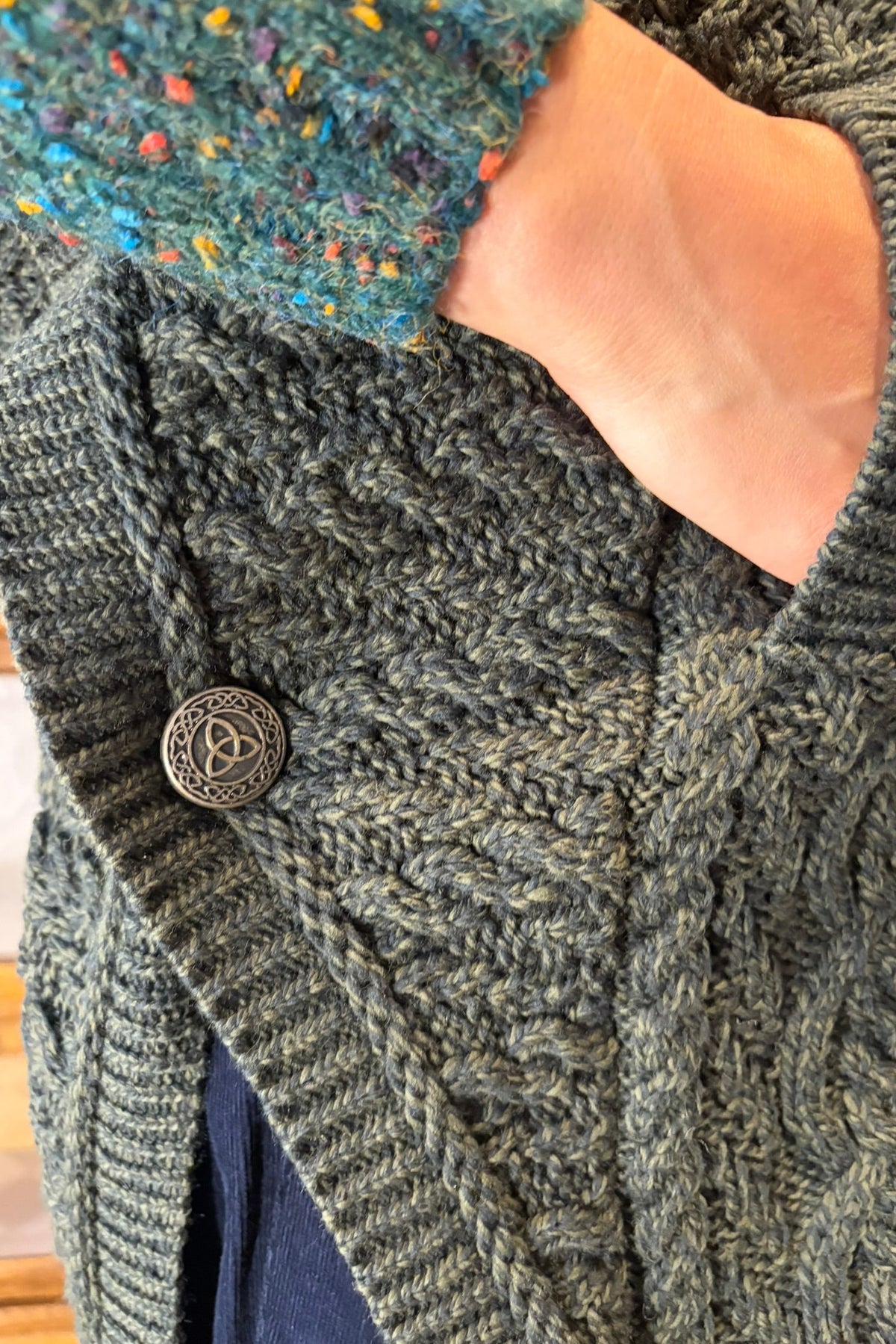 Cari wearing the Aran Crafts Innisfree funnel neck sweater over the White Stuff Texture V Neck Sweater with Seasalt Sholl cord trousers