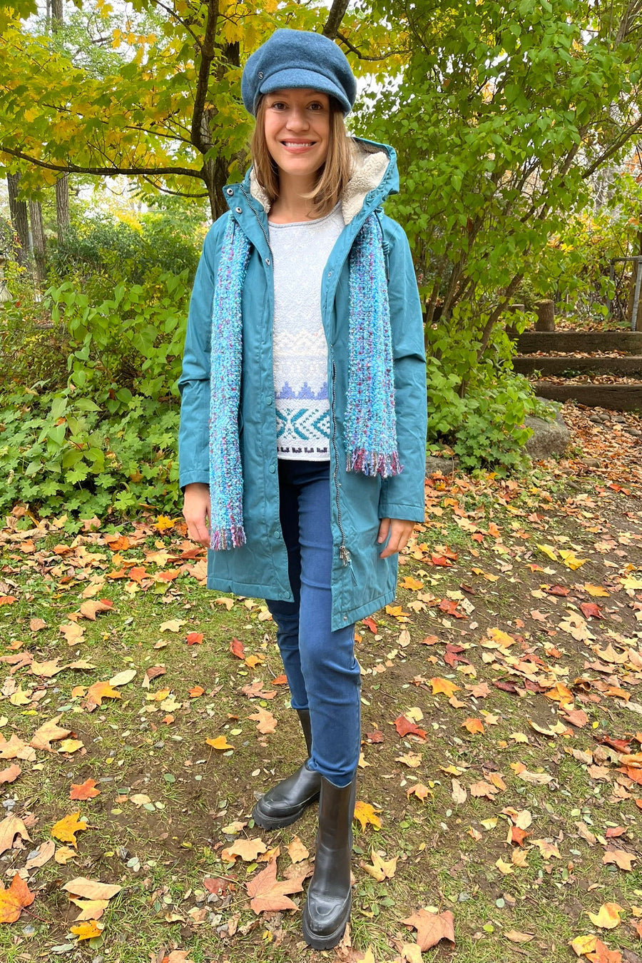 Teal Lined Raincoat and Fair Isle