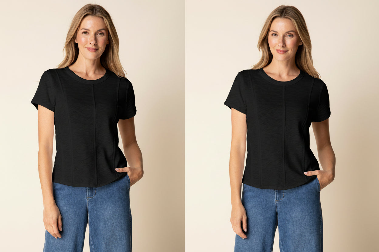 Woman wearing a white blouse and blue jeans against a beige background