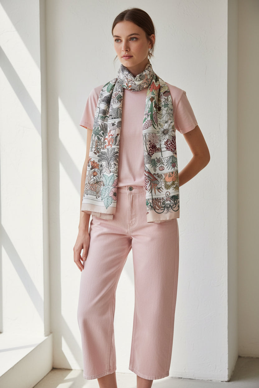  intricate animal and plant patterns on a silk scarf