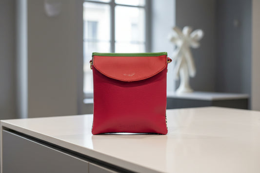 Red leather  pale pink flap handbag side 3