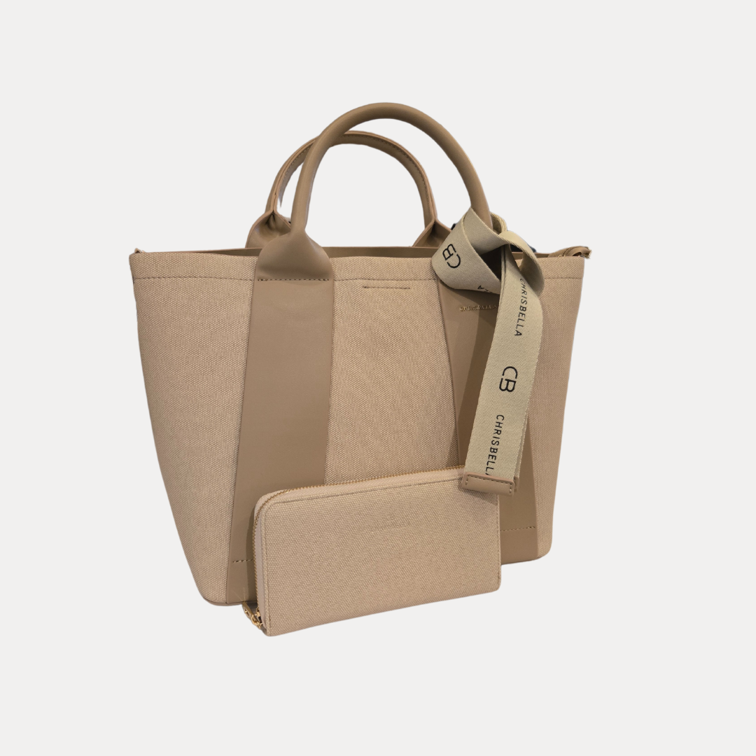 VINTAGE DECOR - OFF WHITE LEATHER AND FABRIC BAG WITH MATCHING WALLET