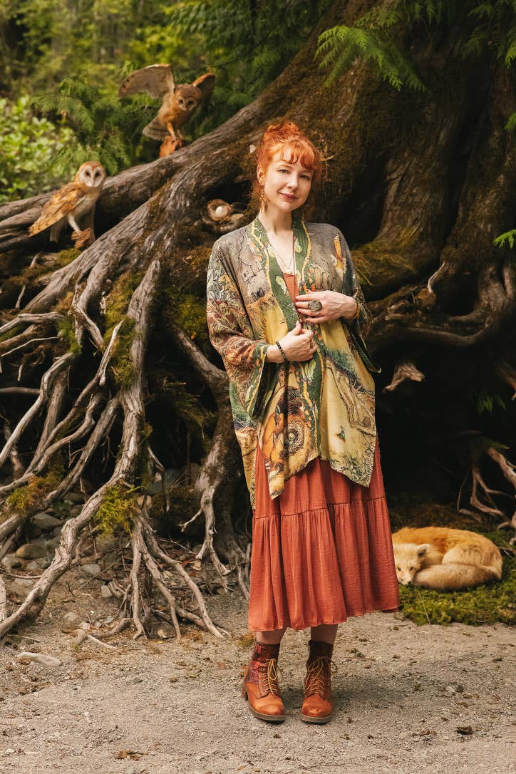 Woodland Wisdom Matinée Duster Kimono w/ Florals, Fox & Owl - Suttles & Seawinds