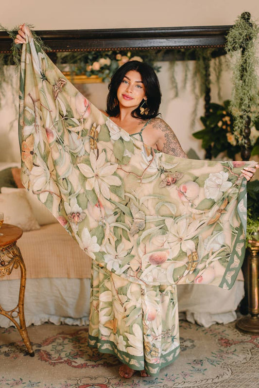 Fleur De Soleil Scarf with Magnolia Floral Print & Butterfly - Suttles & Seawinds