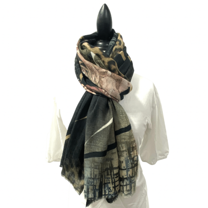 Elegant Leopard Floral Wool Silk Scarf
