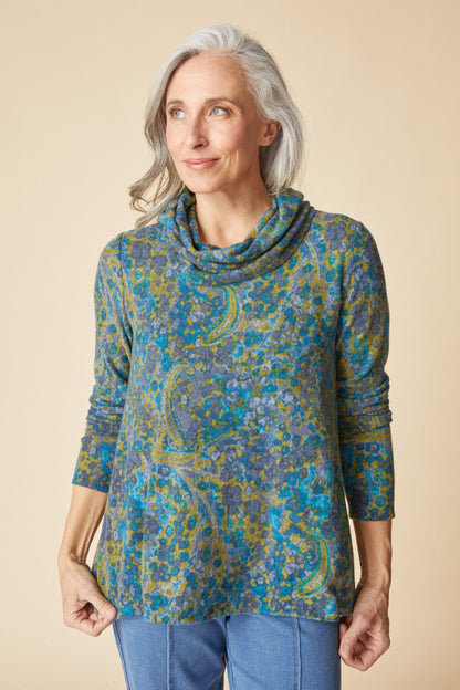 Cozy Cowl Top in Lagoon - Print
