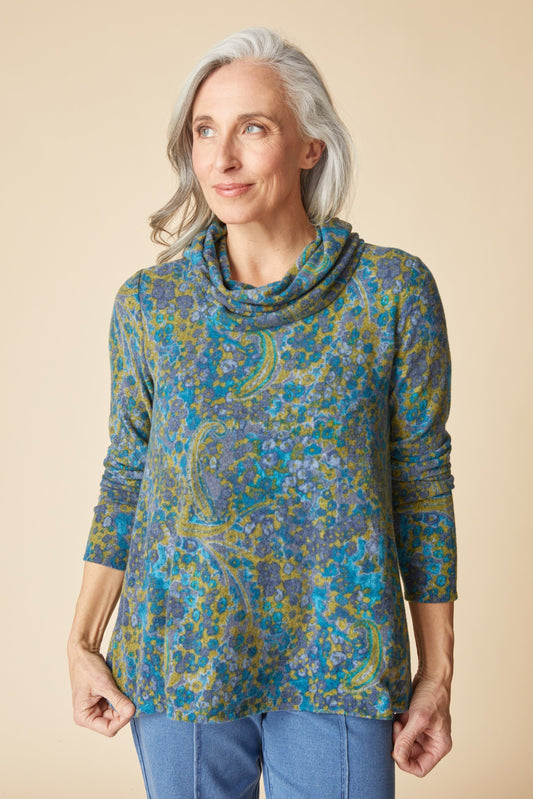 Cozy Cowl Top in Lagoon - Print