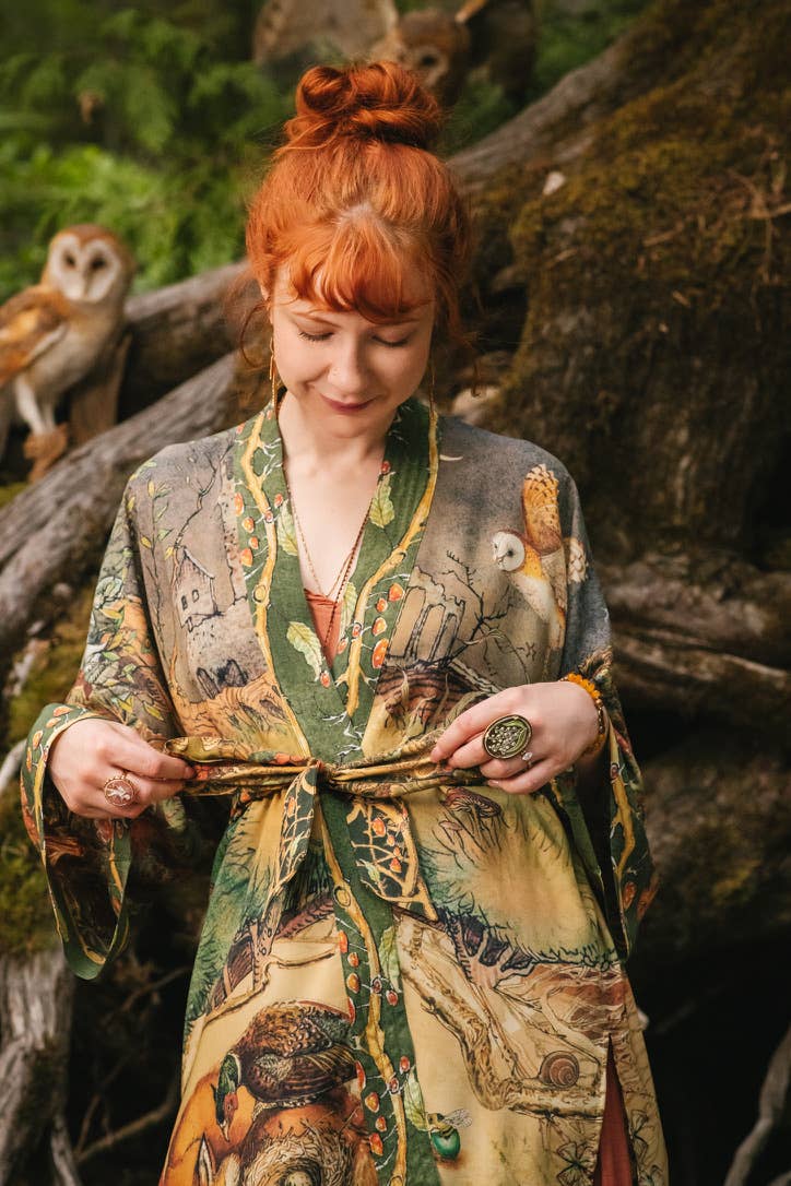 Woodland Wisdom Matinée Duster Kimono w/ Florals, Fox & Owl - Suttles & Seawinds