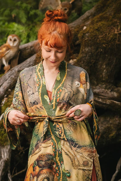 Woodland Wisdom Matinée Duster Kimono w/ Florals, Fox & Owl - Suttles & Seawinds