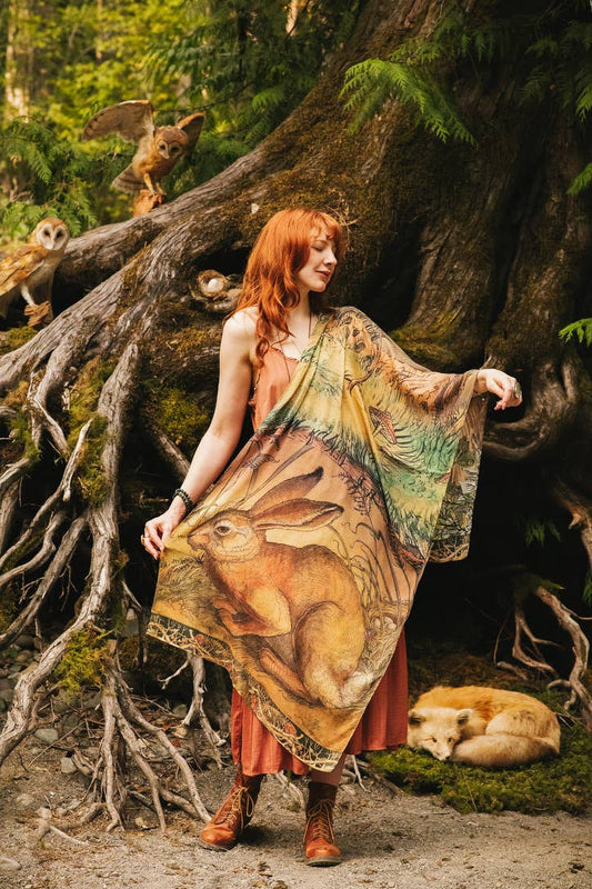 Woodland Wisdom Bohemian Scarf with Florals, Rabbit & Moths - Suttles & Seawinds