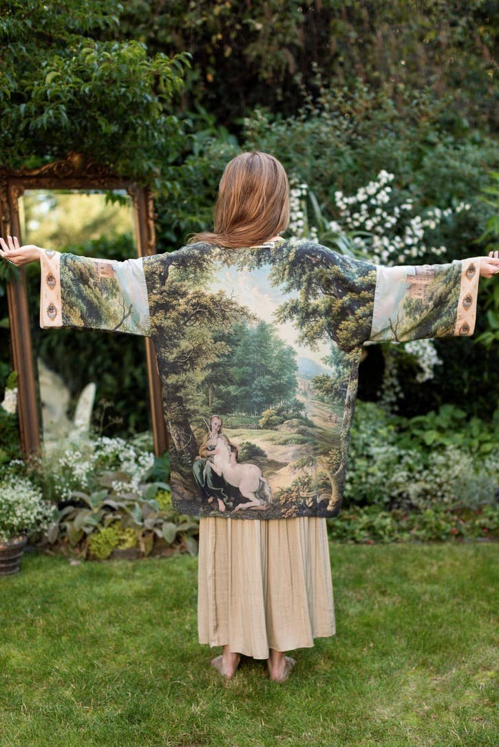 The Mythmaker Matinée Duster Kimono w/ landscape & unicorn - Suttles & Seawinds
