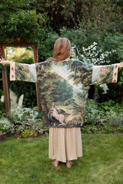 The Mythmaker Matinée Duster Kimono w/ landscape & unicorn - Suttles & Seawinds
