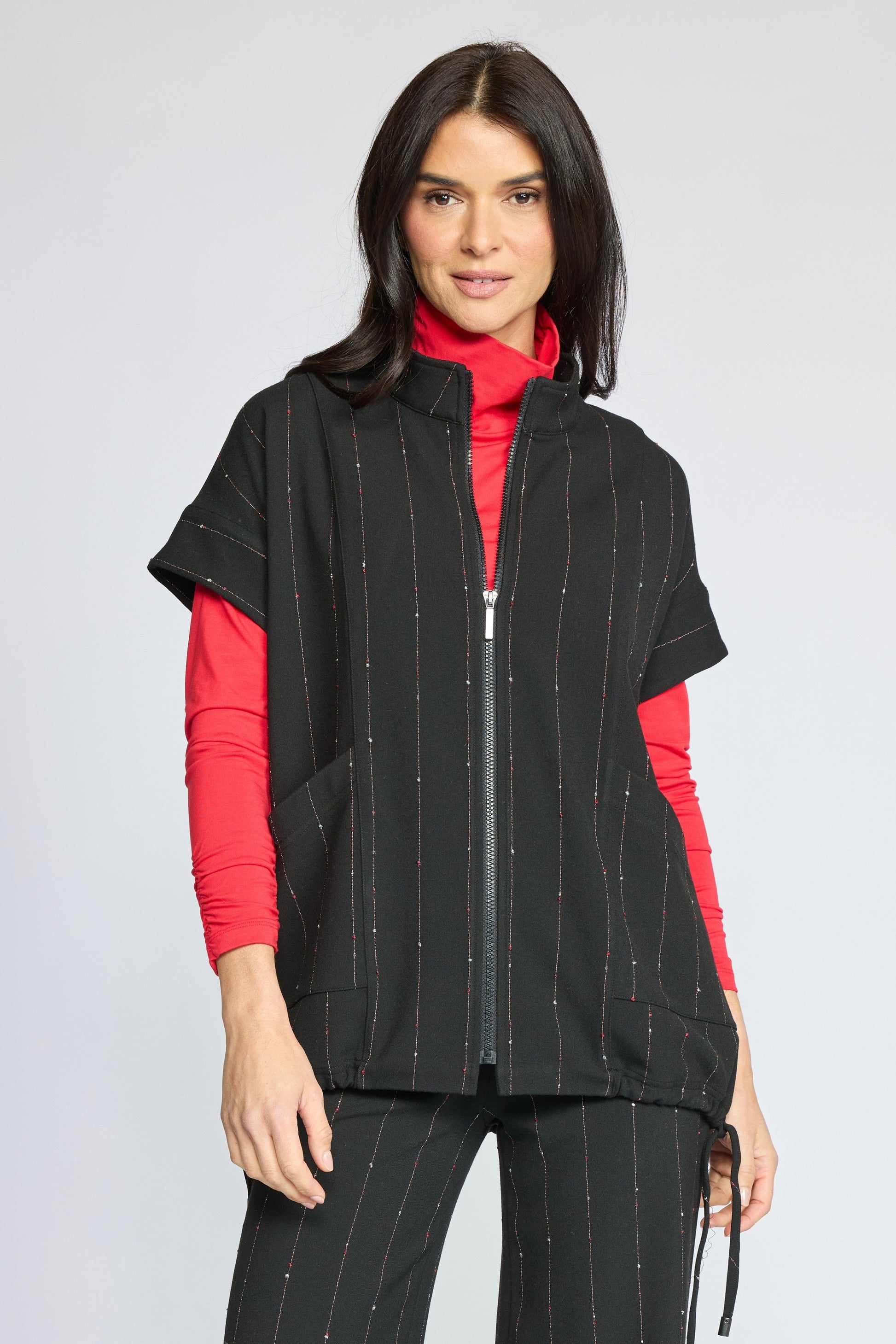 Travel Vest in Black Mini Pink Stripe