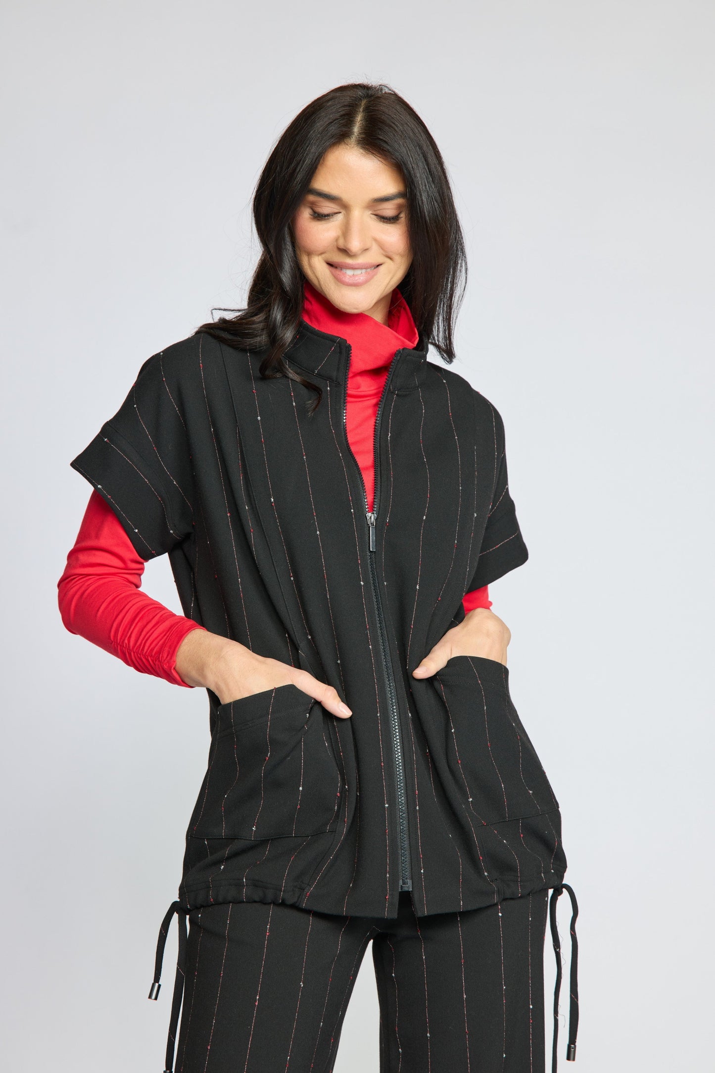 Travel Vest in Black Mini Pink Stripe