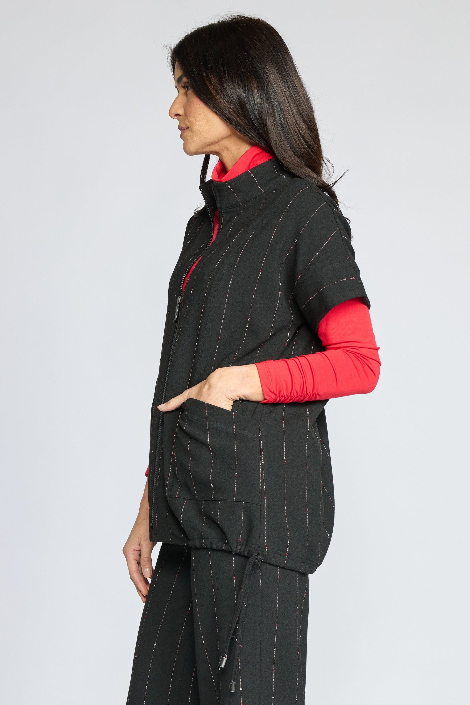 Travel Vest in Black Mini Pink Stripe