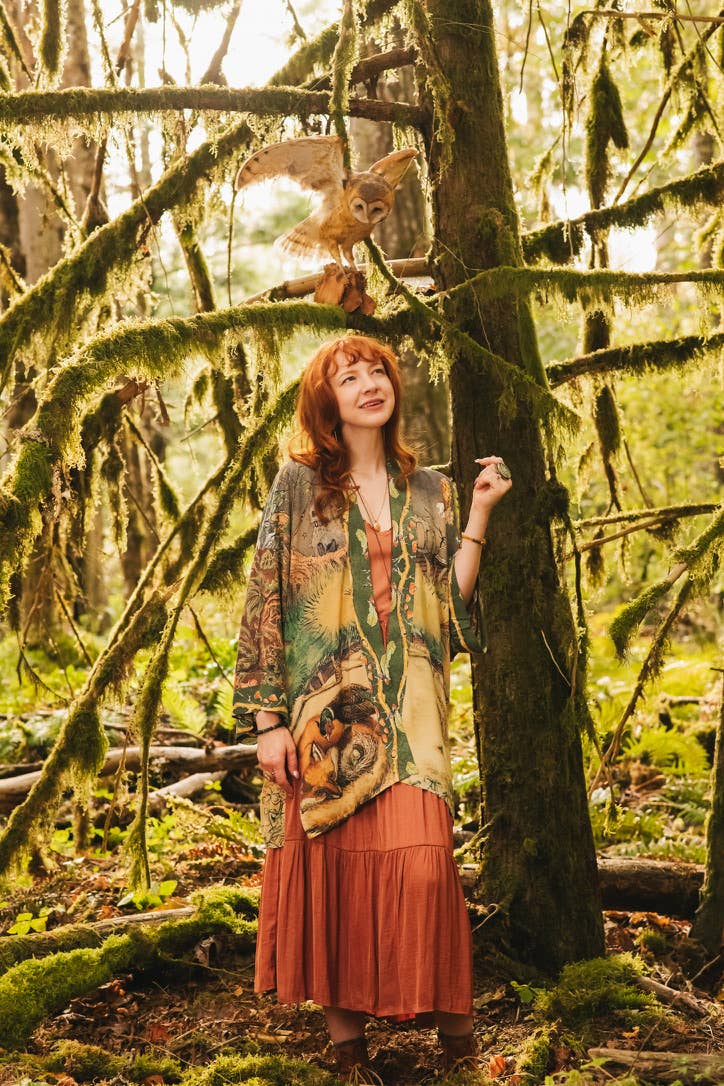Woodland Wisdom Matinée Duster Kimono w/ Florals, Fox & Owl - Suttles & Seawinds