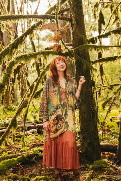 Woodland Wisdom Matinée Duster Kimono w/ Florals, Fox & Owl - Suttles & Seawinds