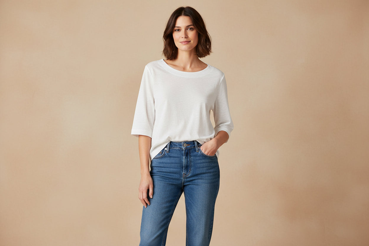 White TEE SHIRT on WOMAN WEARING JEANS