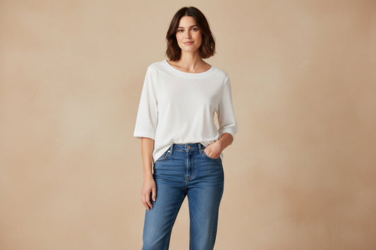 White TEE SHIRT on WOMAN WEARING JEANS