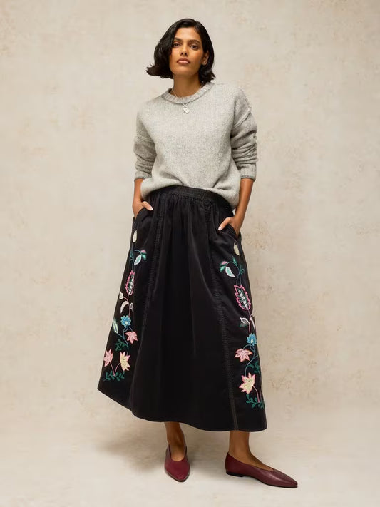 White Stuff Wren Embroidered Cord Skirt Black Multi - Lifestyle