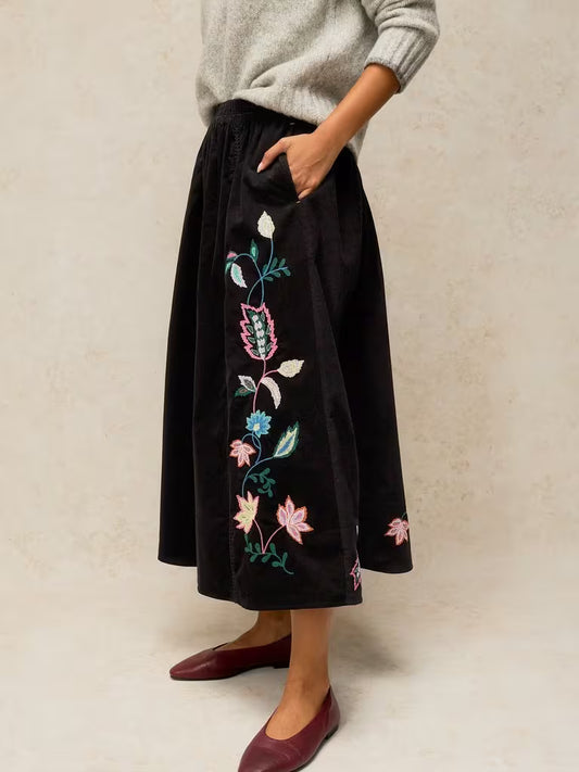 White Stuff Wren Embroidered Cord Skirt Black Multi - Model Front