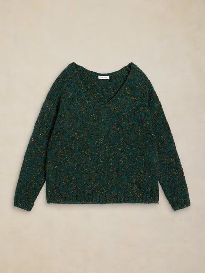White Stuff Texture V Neck Sweater Dark Green - Flat Front