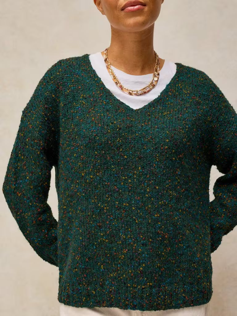 White Stuff Texture V Neck Sweater Dark Green - Model Detail