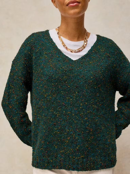 White Stuff Texture V Neck Sweater Dark Green - Model Detail