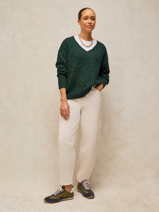White Stuff Texture V Neck Sweater Dark Green - Model Front