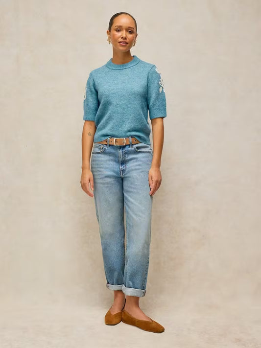 White Stuff Knitted Embroidered Tee Light Blue - Model Front