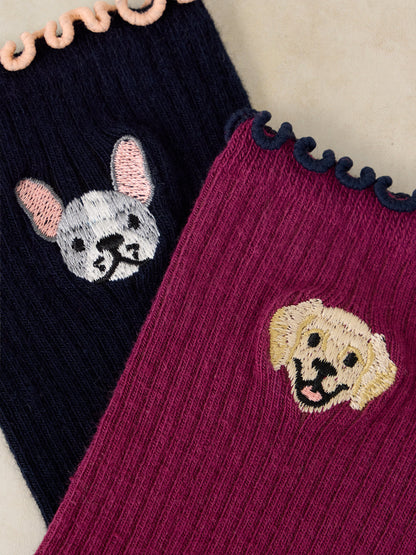 2pk Dog Embroidery Ankle Sock