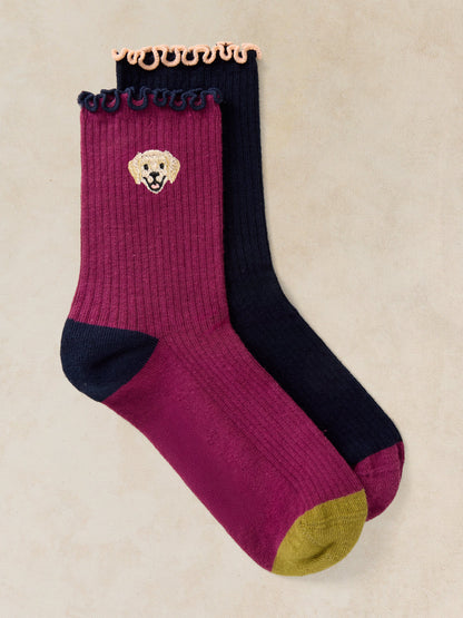 2pk Dog Embroidery Ankle Sock