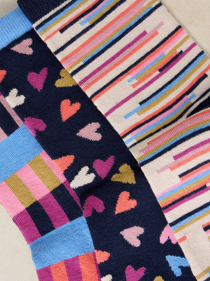 3pk Geo Heart Print Socks