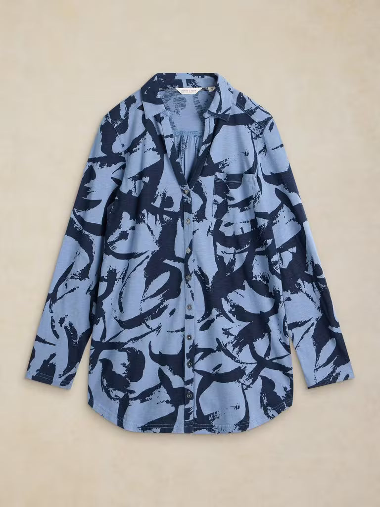White Stuff Annie Longline Shirt Blue Print - Flat Front