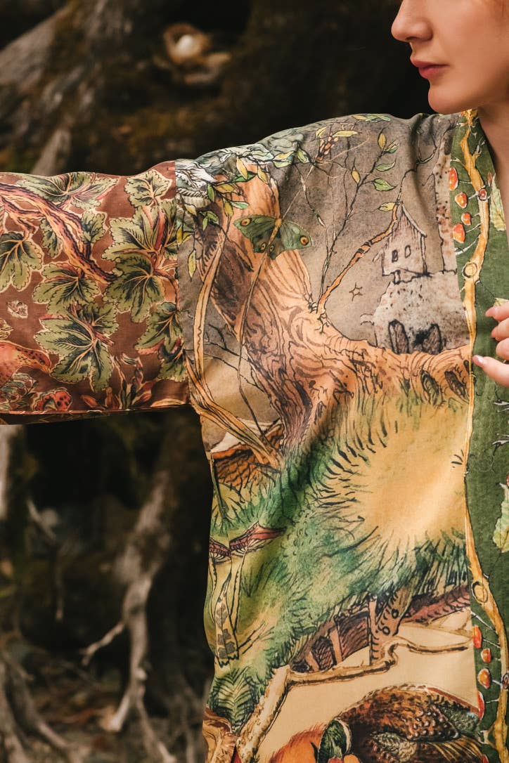 Woodland Wisdom Matinée Duster Kimono w/ Florals, Fox & Owl - Suttles & Seawinds