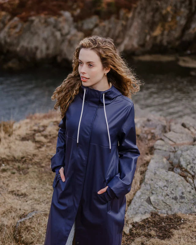 Mernini Long Raincoat in Midnight Blue, Suttles & Seawinds, Mahone Bay, Nova Scotia