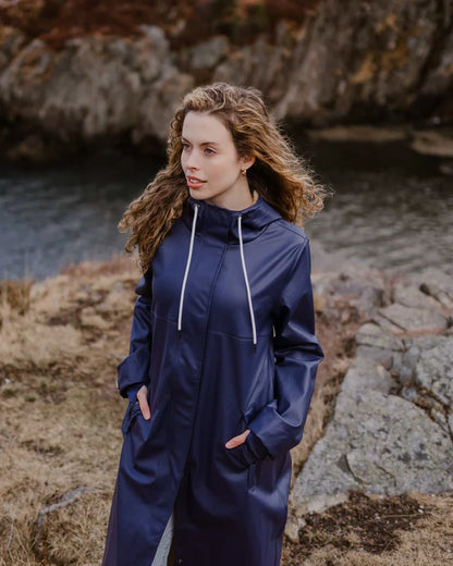 Mernini Long Raincoat in Midnight Blue, Suttles & Seawinds, Mahone Bay, Nova Scotia