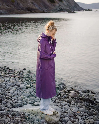 Mernini Long Raincoat in Purple Rain, Suttles & Seawinds, Mahone Bay, Nova Scotia