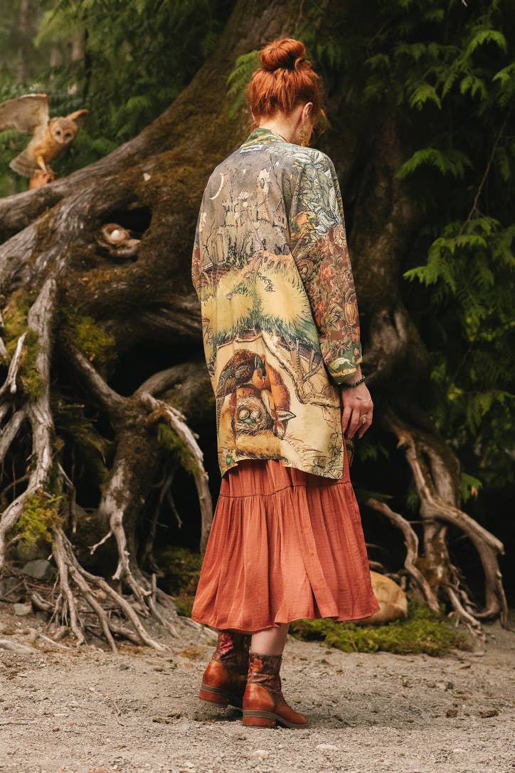 Woodland Wisdom Matinée Duster Kimono w/ Florals, Fox & Owl - Suttles & Seawinds