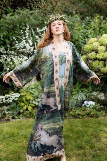 The Mythmaker Matinée Duster Kimono w/ landscape & unicorn - Suttles & Seawinds