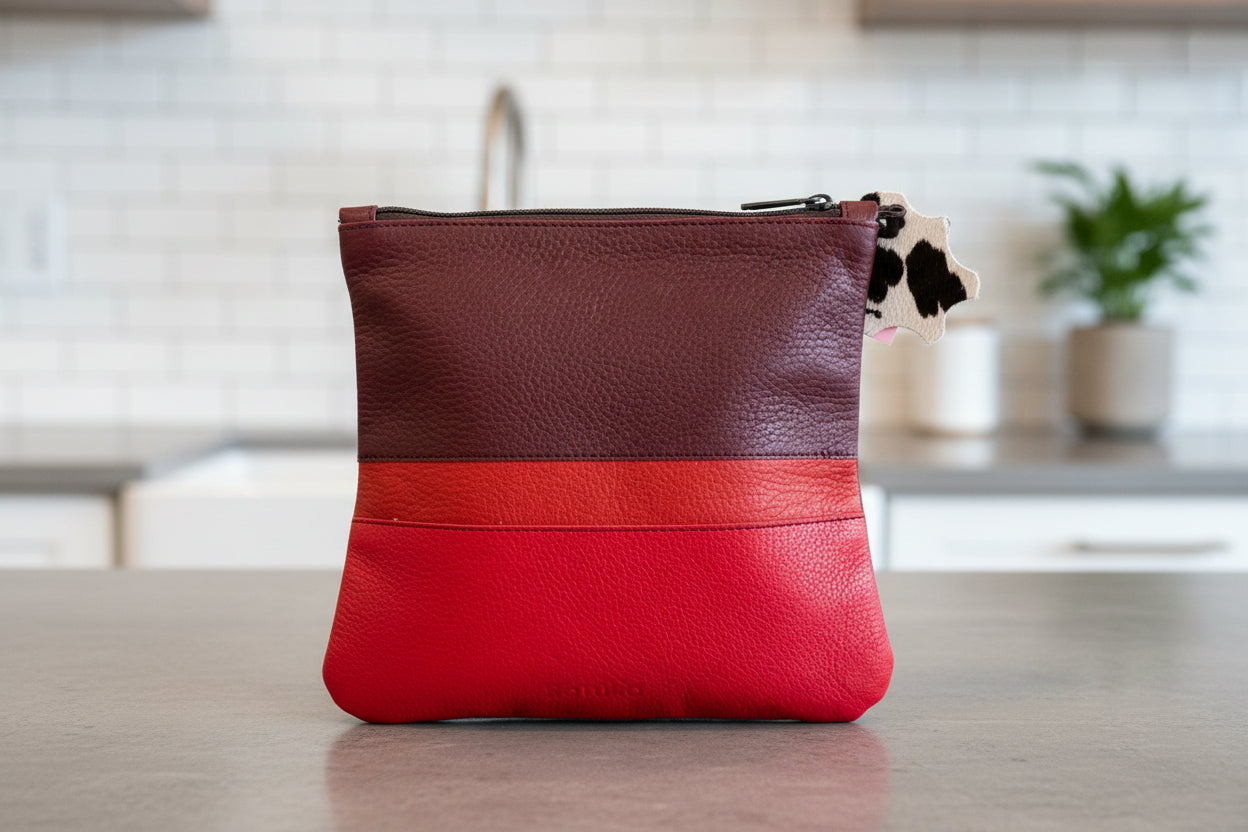 3 colour Red leather handbag  side 4 with zip top