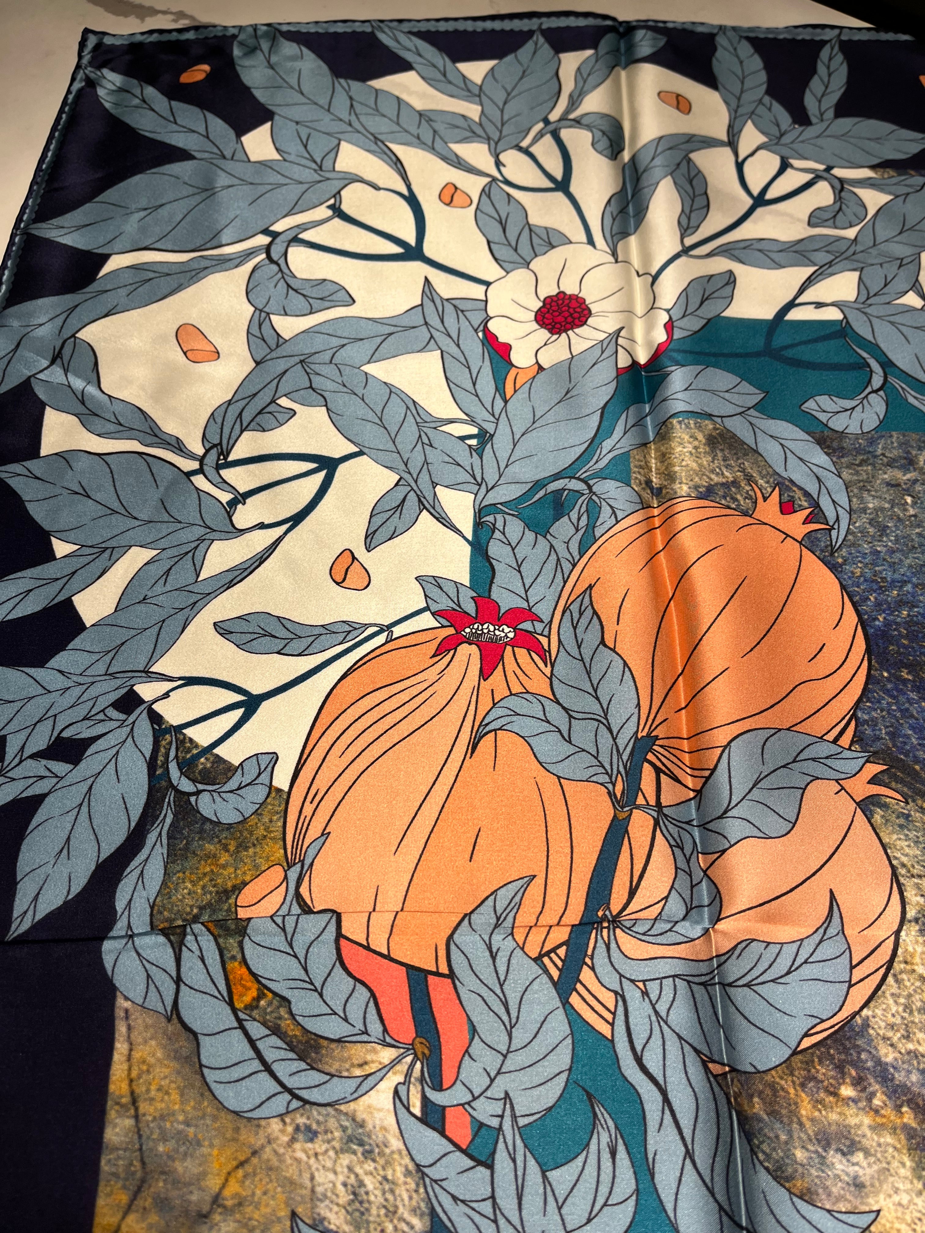 T & E - LARGE SILK SCARF - POMEGRANITE DEPICTION